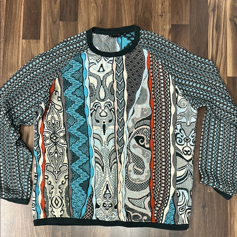 COOGI Black and Blue Crewneck Sweater with Geometric Patterns